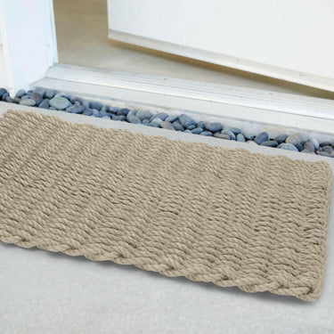 Lobster Rope Doormats, Outdoor Door Mats, Wicked Good Door Mats Made in Maine, Solid Dark Tan, Close Up View in Front Door
